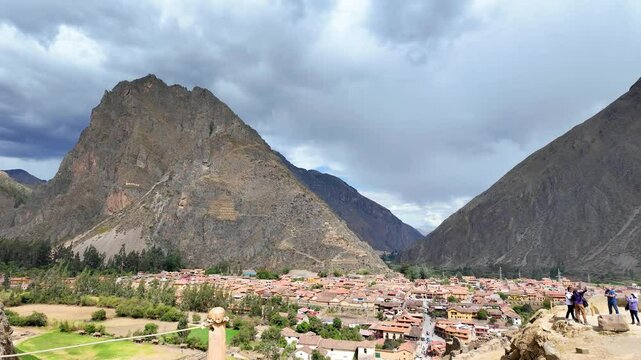 View of the mountains surrounding Ollantaytambo sacred valley of the incas in Peru