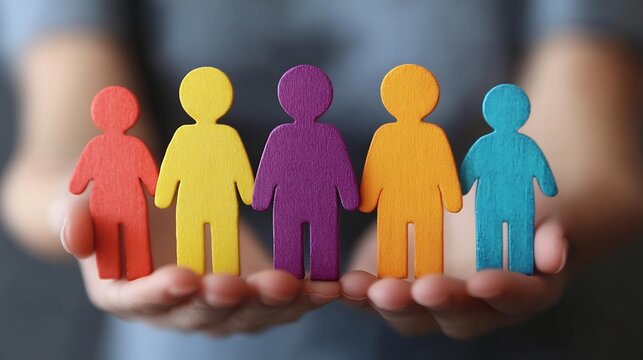 Hands holding diverse colorful cutout figures representing unity equality and teamwork : Generative AI