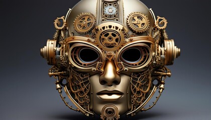 Fototapeta premium A mechanical face mask adorned with intricate gears and metallic details, embodying the essence of steampunk with its elaborate craftsmanship and vintage industrial aesthetic.