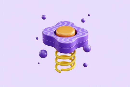A 3D render of a purple and yellow spring toy with small balls around it.