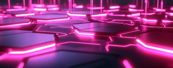 A high-tech abstract design combining glowing hexagonal plates with pulsating neon circuits