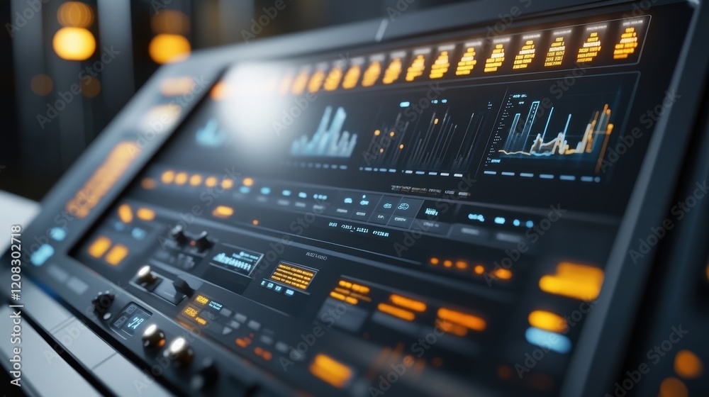 Poster futuristic control panel with glowing indicators and digital displays showcasing complex data analys