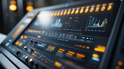 Futuristic control panel with glowing indicators and digital displays showcasing complex data analysis, charts, and system information in a high tech environment