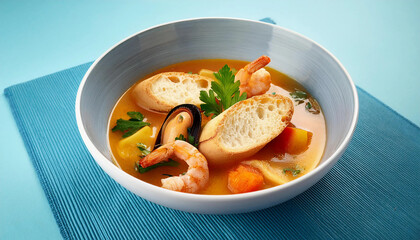 A bowl of bouillabaisse filled with fresh seafood, saffron broth, and vegetables with parsley, served alongside crusty bread. Ideal for French cuisine, seafood menus or premium culinary presentations
