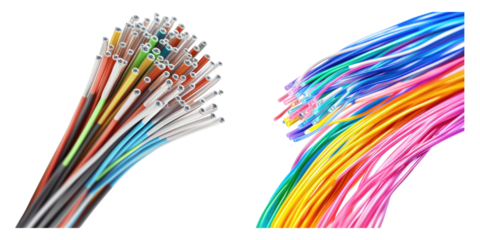 Macro shot of fiber optic cables isolated on transparent background, PNG die-cut, Set of