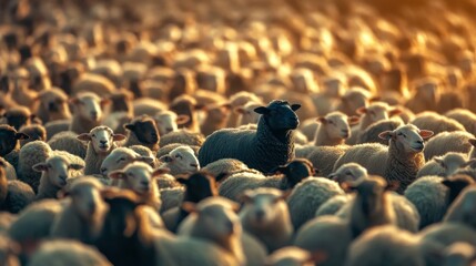 Obraz premium This image features a black sheep standing prominently in a dense flock of white sheep, highlighting themes of individuality and the quest for identity in society.