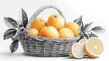 Basket of fresh oranges with leaves and sliced halves on display