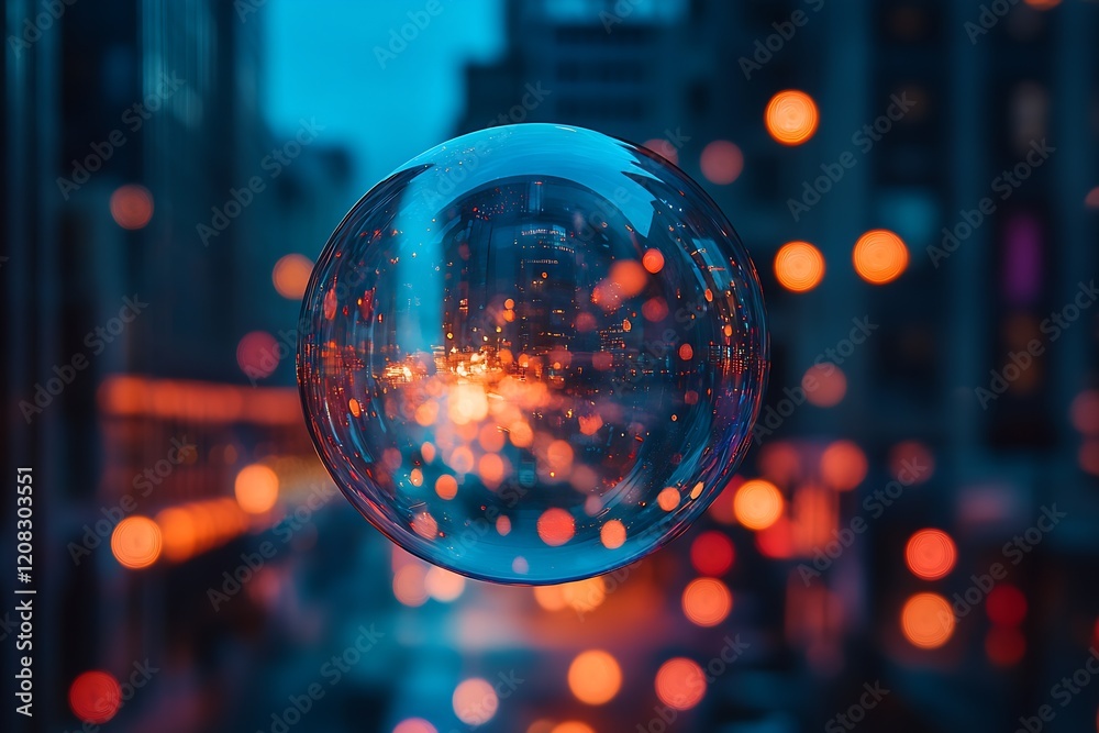 Poster luminous sphere capturing urban lights and distant cityscape at night : generative ai