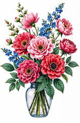 Bright bouquet of garden flowers in a vase on a white background, vertical shot