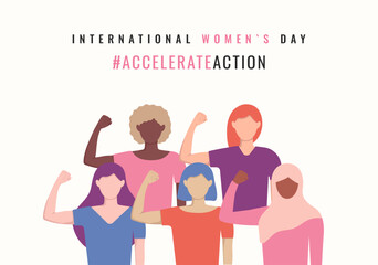 Accelerate Action International Women's Day horizontal banner with diversity ladies in faceless style. Girls different ethnicities in pose of accelerateaction hands strength. IWD 2025