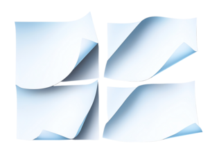 A collection of four blank sheets of paper with curled corners, perfect for showcasing designs, notes, or creative ideas. Ideal for presentations and digital mockups.