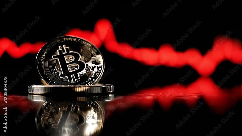 Poster bitcoin cryptocurrency coins lying on reflective surface with red stock market chart falling down in