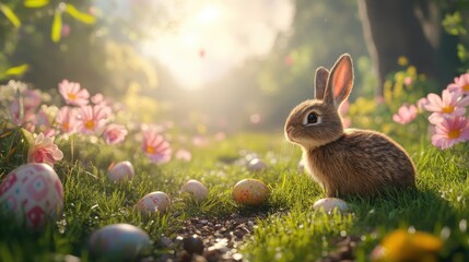 Ultra realistic easter background featuring bunny and colorful eggs in spring meadow
