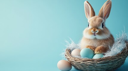 Adorable bunny rabbit with easter eggs in basket on blue background