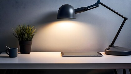 Clean and modern workspace with tablet, adjustable lamp, and indoor greenery