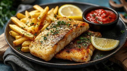 Delicious Pan-Fried Fish with Crispy Fries and Lemon