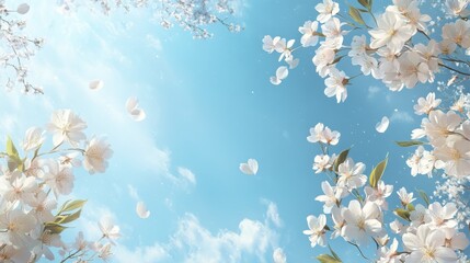 Fototapeta premium Cherry blossoms against a bright blue sky with gentle clouds