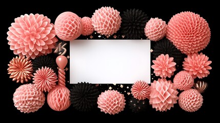 Pink and Black Paper Flowers Frame a Blank Card