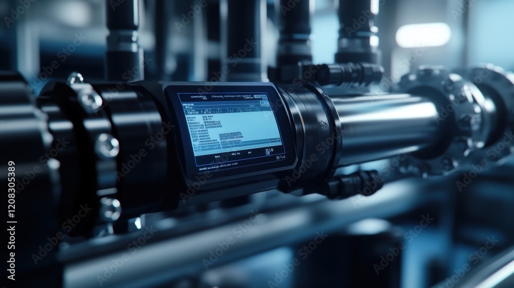 Poster modern digital sensor attached to an industrial pipeline displaying real time data and diagnostics i