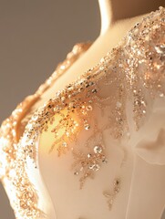 Obraz premium Elegant wedding dress embroidered with crystals and gold on mannequin