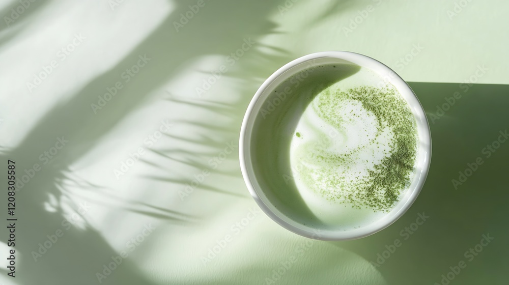 Poster Serene Matcha Latte with Subtle Swirl Art in Softly Lit Sun-Dappled Scene : Generative AI