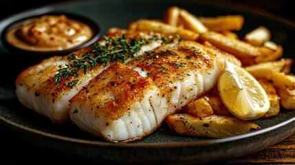 Delicious Pan-Seared Fish with Crispy Fries and Creamy Sauce