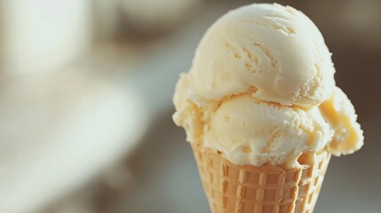 Close Up of a Simple Vanilla Ice Cream Cone in Natural Light : Generative AI