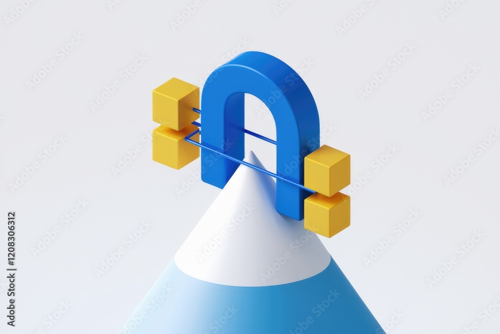 Poster abstract 3d rendering of a blue magnet attracting yellow cubes atop a cone, symbolizing attraction o