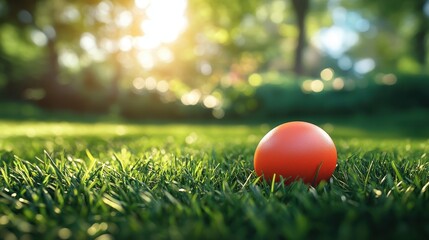 Red easter egg on lush green lawn for festive spring design