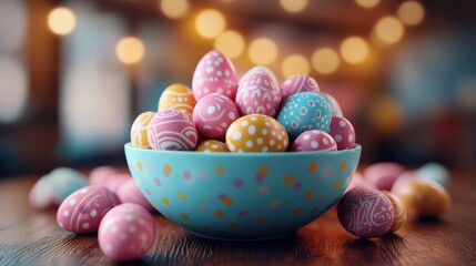 Colorful easter eggs in decorative bowl for holiday celebration and spring decor