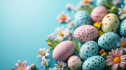 Obraz premium Vibrant easter theme background with colorful decorated eggs and flowers for festive design