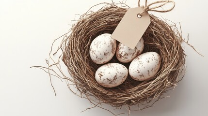 Obraz premium Easter egg nest with blank paper tag for spring holiday greetings