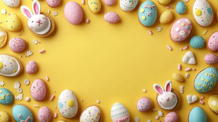 Colorful easter celebration layout with decorated eggs and cookies on yellow background