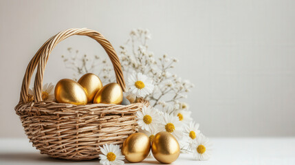 Obraz premium Basket of Golden Easter Eggs with Flowers