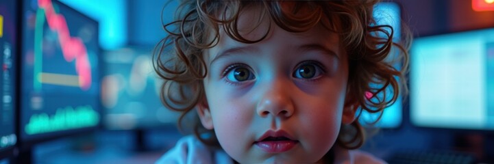 A close-up of a curious child, captivated by screens displaying data, symbolizing the future of technology and finance.