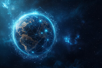 Futuristic Global Network with Digital Connections and Glowing Data Points in a Tech-Inspired Abstract Earth Design