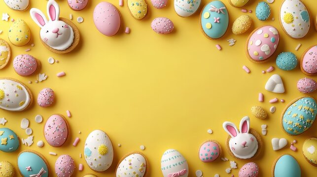 Colorful easter celebration layout with decorated eggs and cookies on yellow background