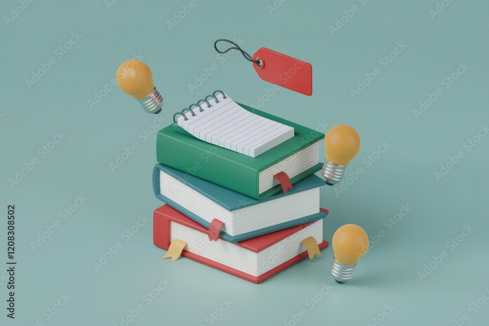 Poster stack of books with notepad and lightbulbs representing education, ideas, and knowledge.