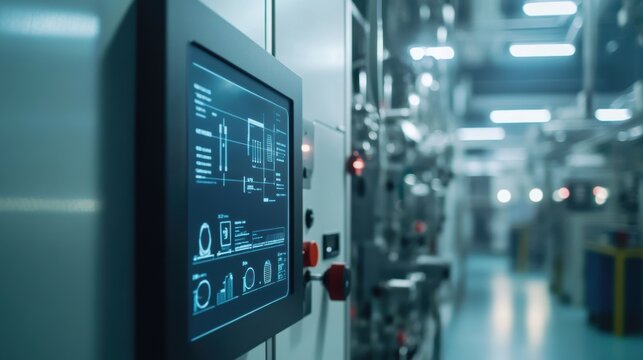 Futuristic control panel displaying schematics, graphs, and key performance indicators in a modern automated factory, highlighting advanced manufacturing technology and process optimization