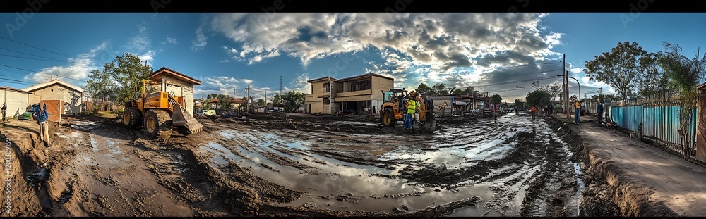 Poster Panoramic View of Muddy Construction Site with Bulldozer and Workers Under Cloudy Sky : Generative AI