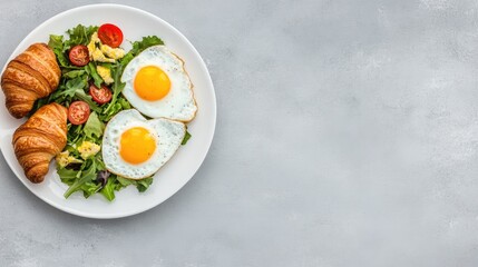 Enjoy a delightful top view of heart-shaped fried eggs, a croissant, and salad on a white plate for a perfect breakfast moment
