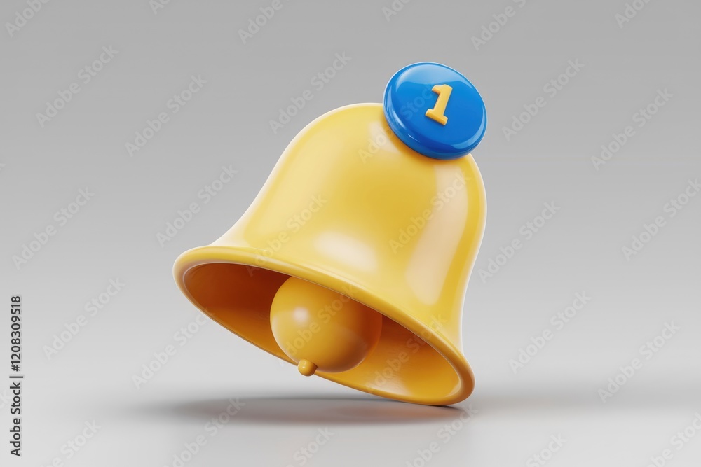 Poster a yellow bell with a blue number one on top, signifying a notification or alert.