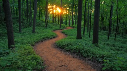 Obraz premium Sunset Trail in Lush Green Forest