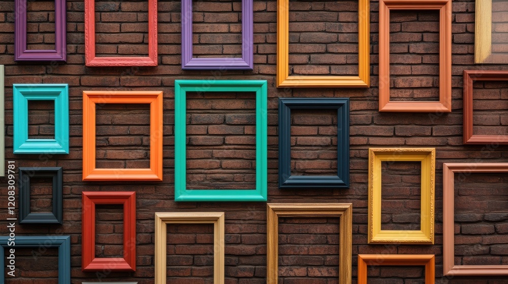 Poster a brightly colored window frame standing out on a brick wall filled with neutral frames