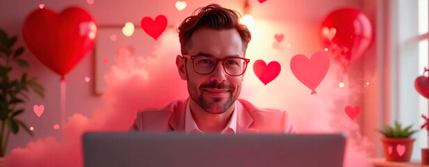 person with laptop | portrait men with laptop | Happy Day Valentine&acute;s | Commercial | Cute | Sky Background | Background for a love project  | person in office