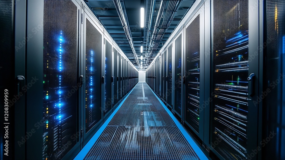 Fototapete Modern Data Center Hallway with Advanced Technology and LED Light Panels : Generative AI