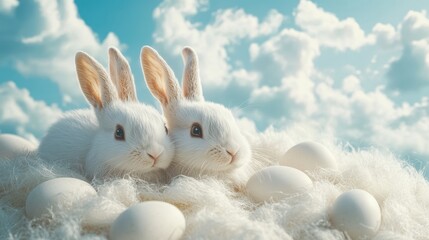 Cute easter bunnies and eggs under a bright spring sky