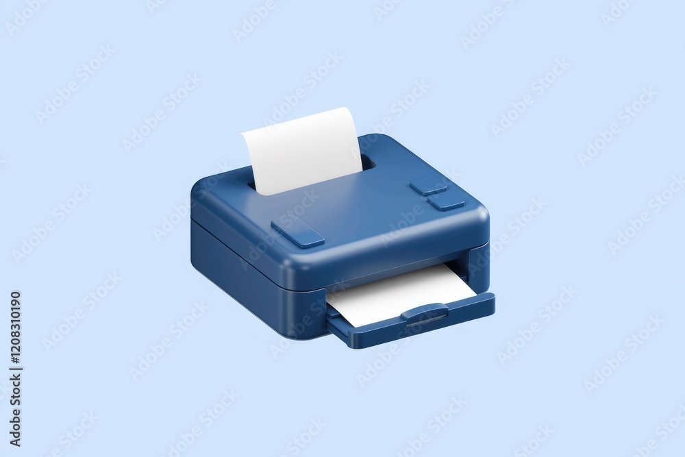 Poster compact blue printer, ready to print a document; minimalist design.
