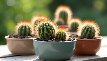 Vibrant cacti in colorful ceramic pots with sunlight bokeh for indoor decor