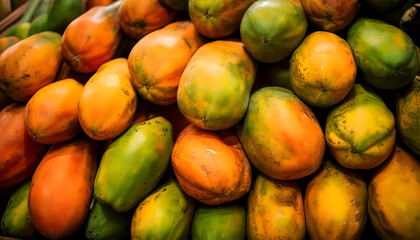 Close-up shot of ripe papayas, showcasing a vibrant mix of orange and green hues.  Perfect for themes of healthy eating, tropical fruits, or vibrant food photography.